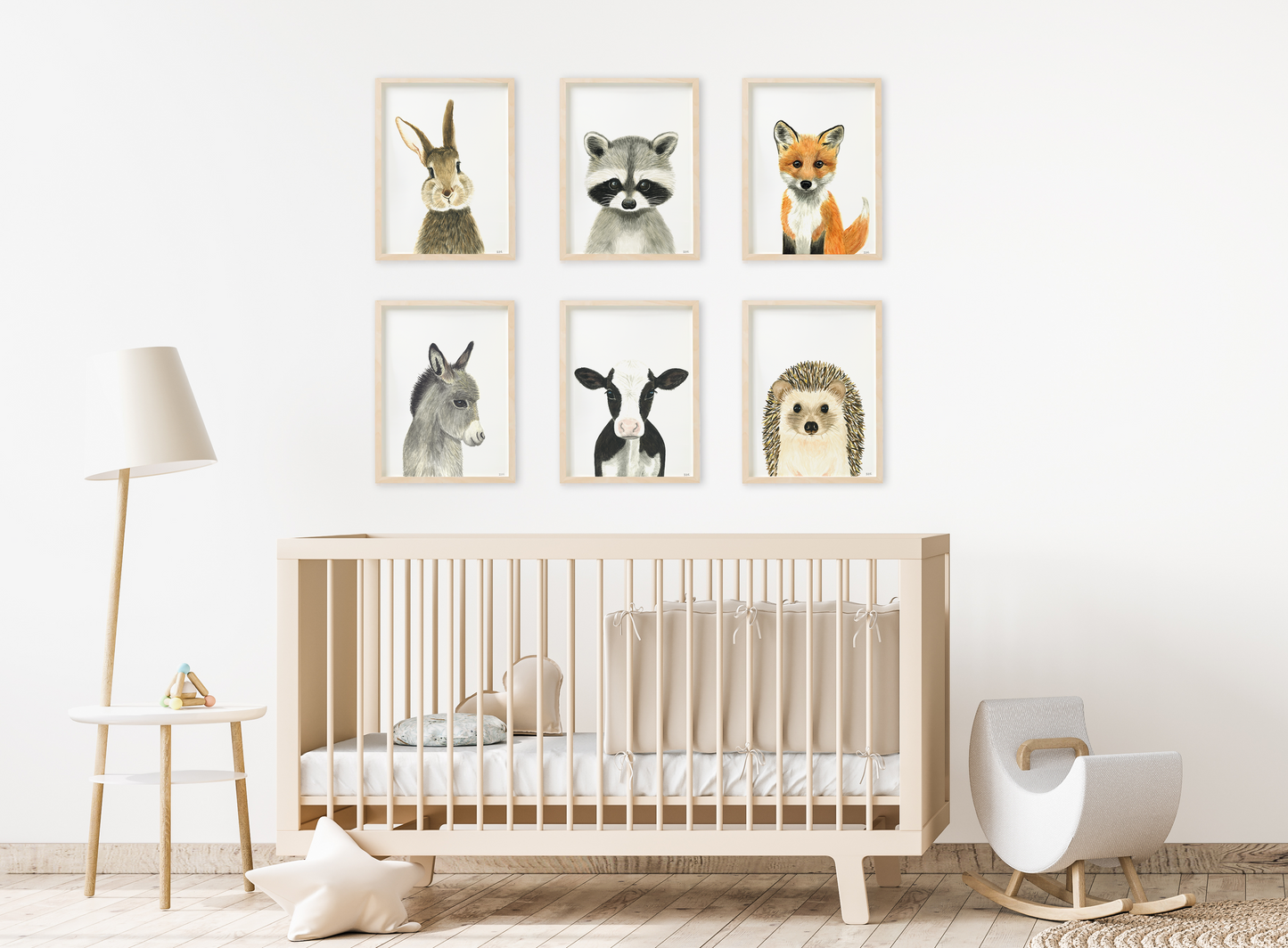 Set of 6 animal prints in a nursery: rabbit, racoon, fox, donkey, cow and hedgehog