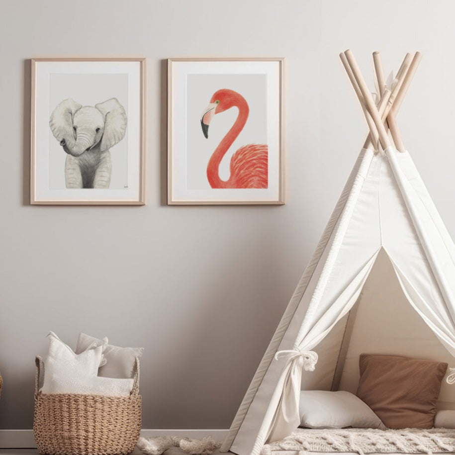 Set of 2: elephant and flamingo prints