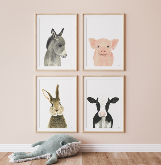 Set of 4: donkey, pig, rabbit, and cow prints