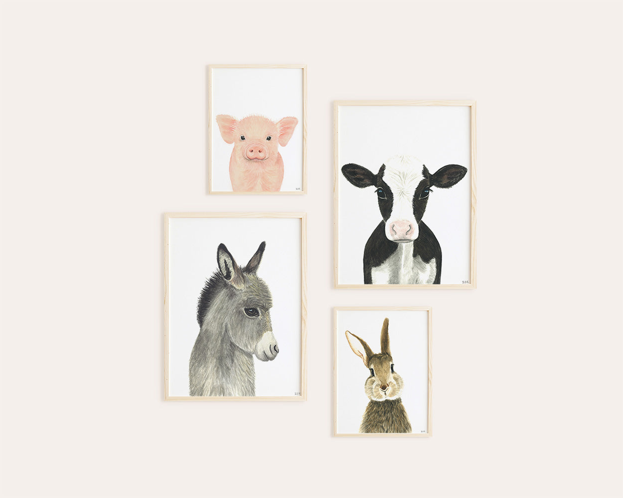 Set of 4: donkey, pig, rabbit, and cow prints