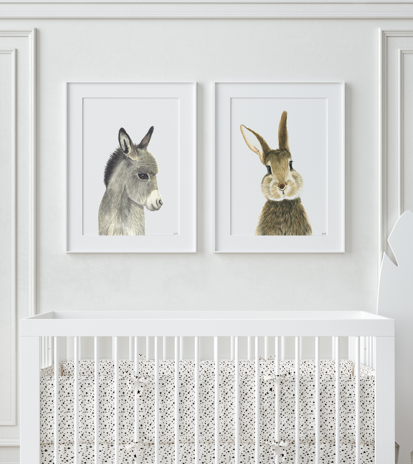 Set of 2 animal prints in nursery: donkey and rabbit