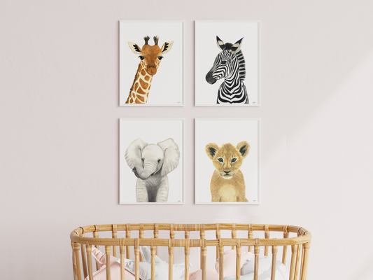 Set of 4: giraffe, elephant, zebra and lion cub prints