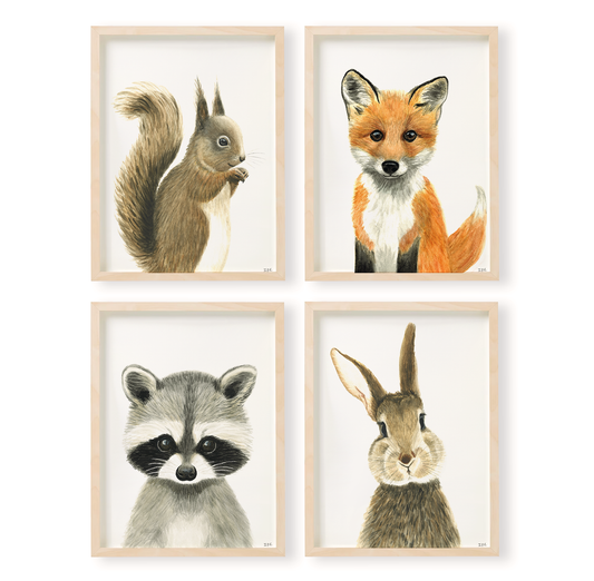 Set of 4 nursery animal prints as wall art babyroom decor, in wooden frames: squirrel, fox, racoon and bunny rabbit