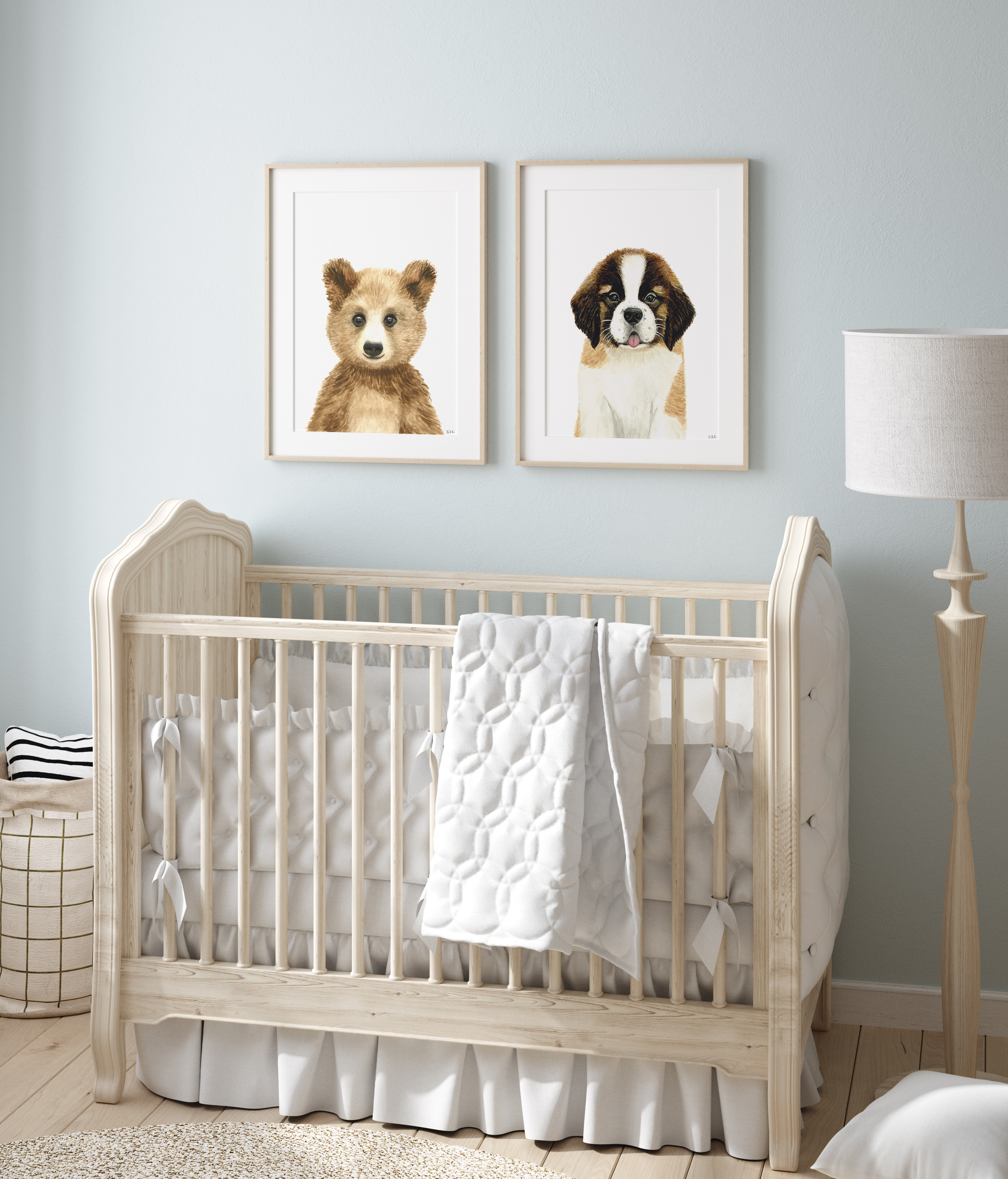 Set of 2 nursery animal print in a babyroom, above baby crib: bear and St Bernard dog