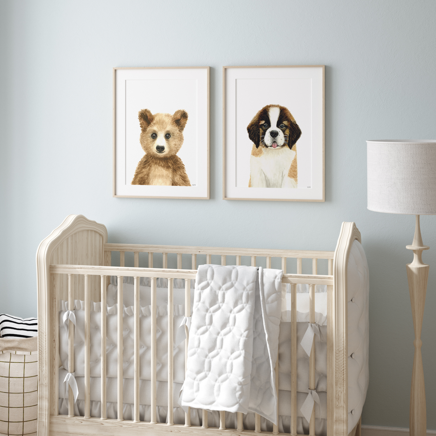 Set of 2 animal prints in nursery: bear and St. Bernard