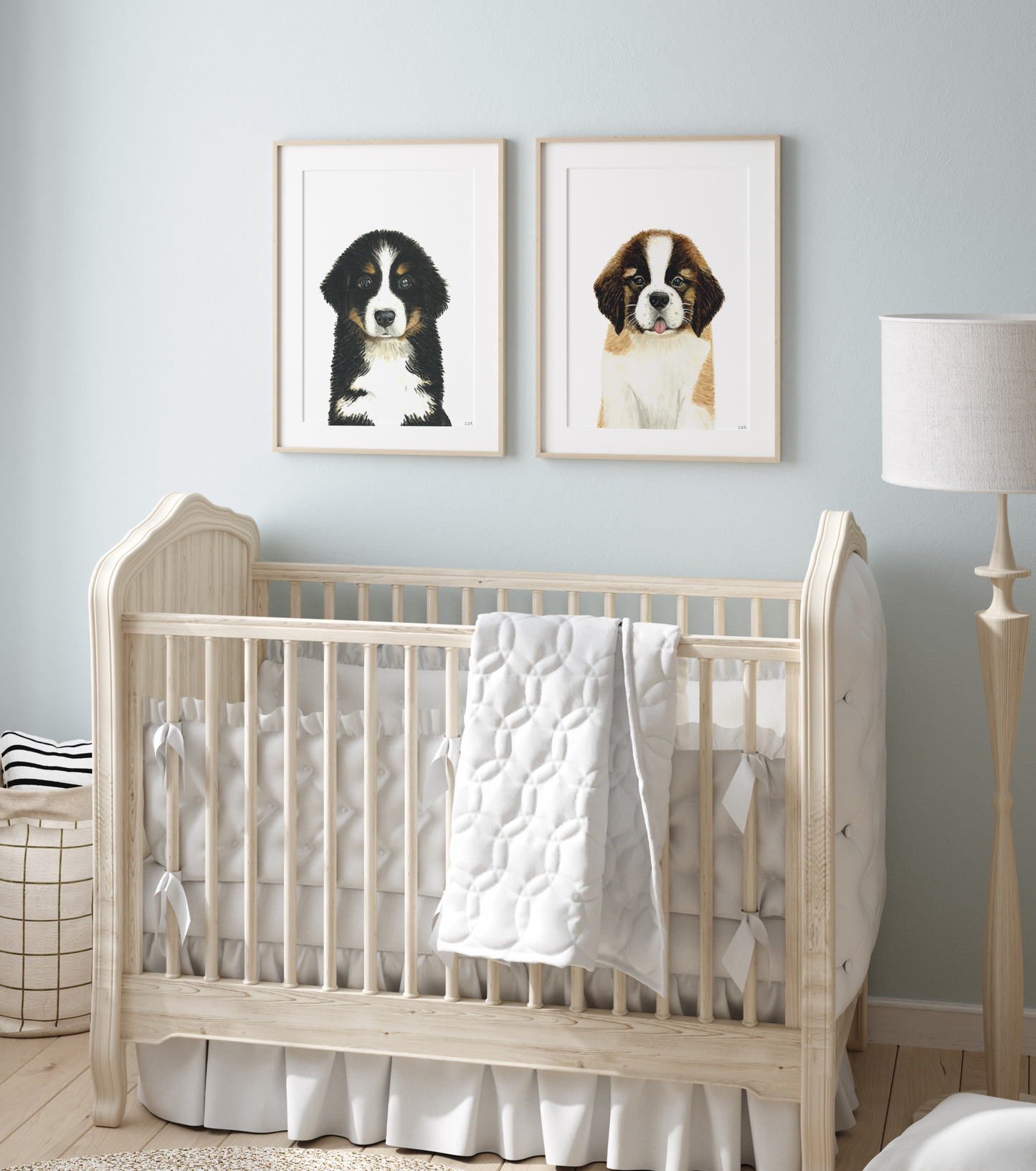 Set of 2 dogs in nursery: bernese mountain dog and St Bernard