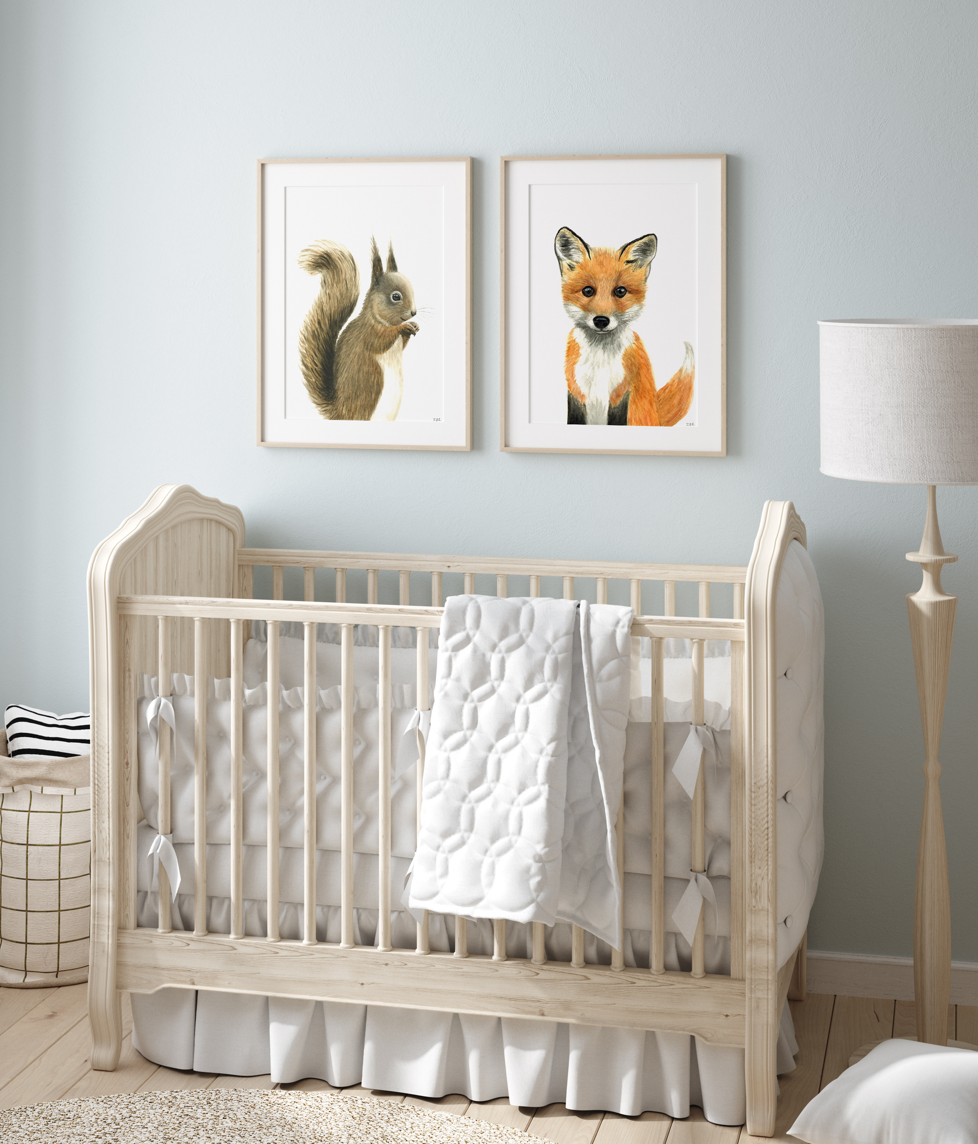 Set of 2 woodland animal prints in a nursery: squirrel and fox