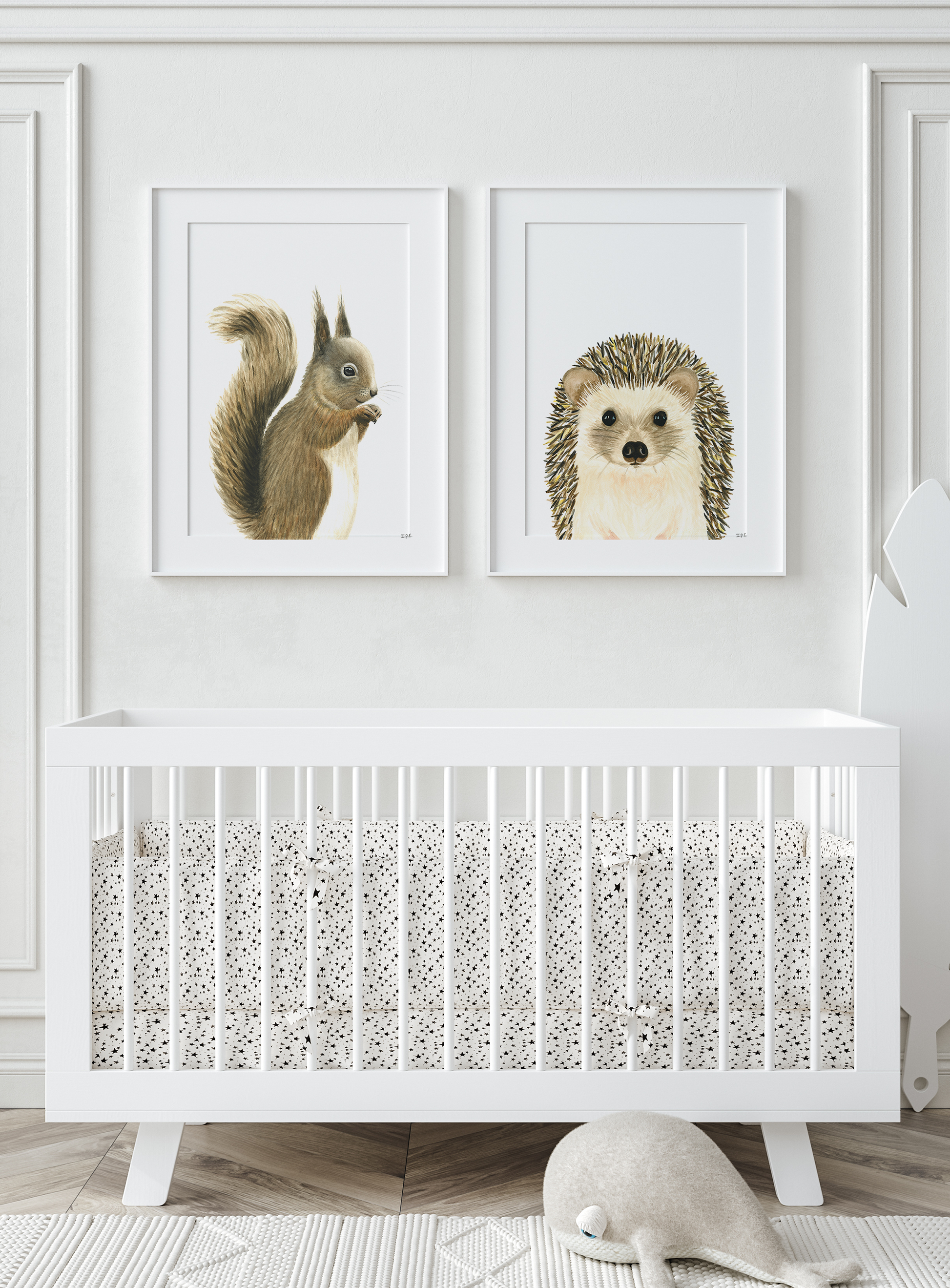 Set of 2 wall art animal prints above baby crib: squirrel and hedgehog