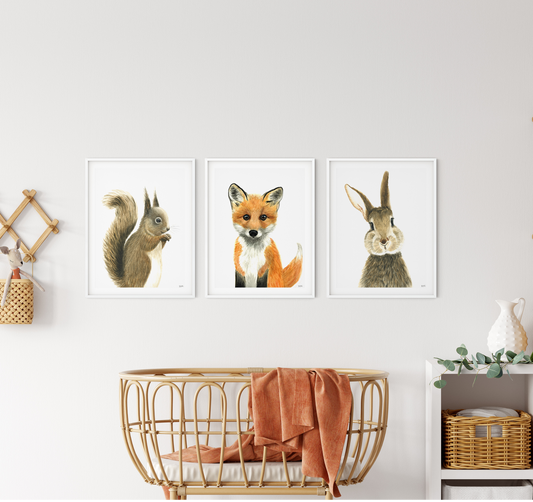 Set of 3 woodland nursery animal prints as wall art decoration in babyroom: squirrel, fox and rabbit