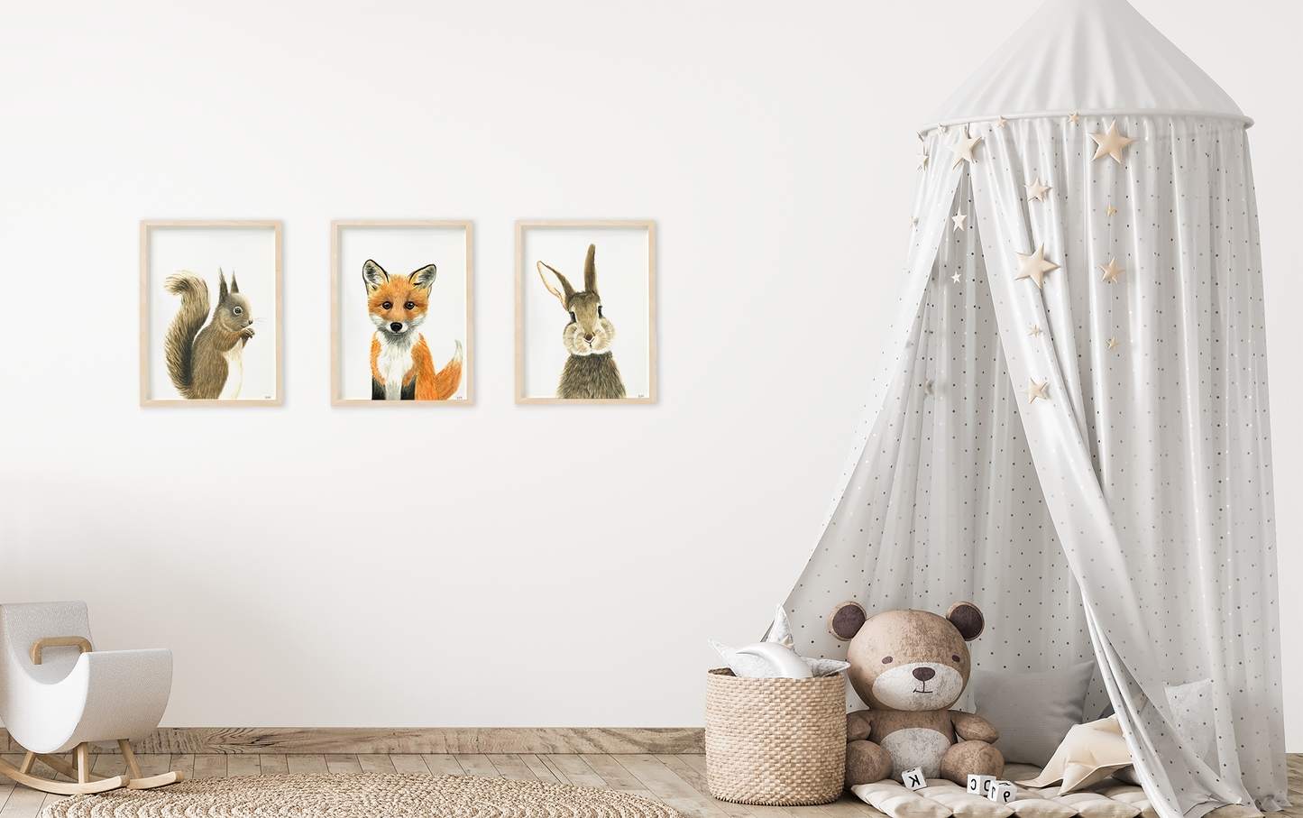 Set of 3 woodland animal prints in a kids' room or babyroom: squirrel, fox, and rabbit