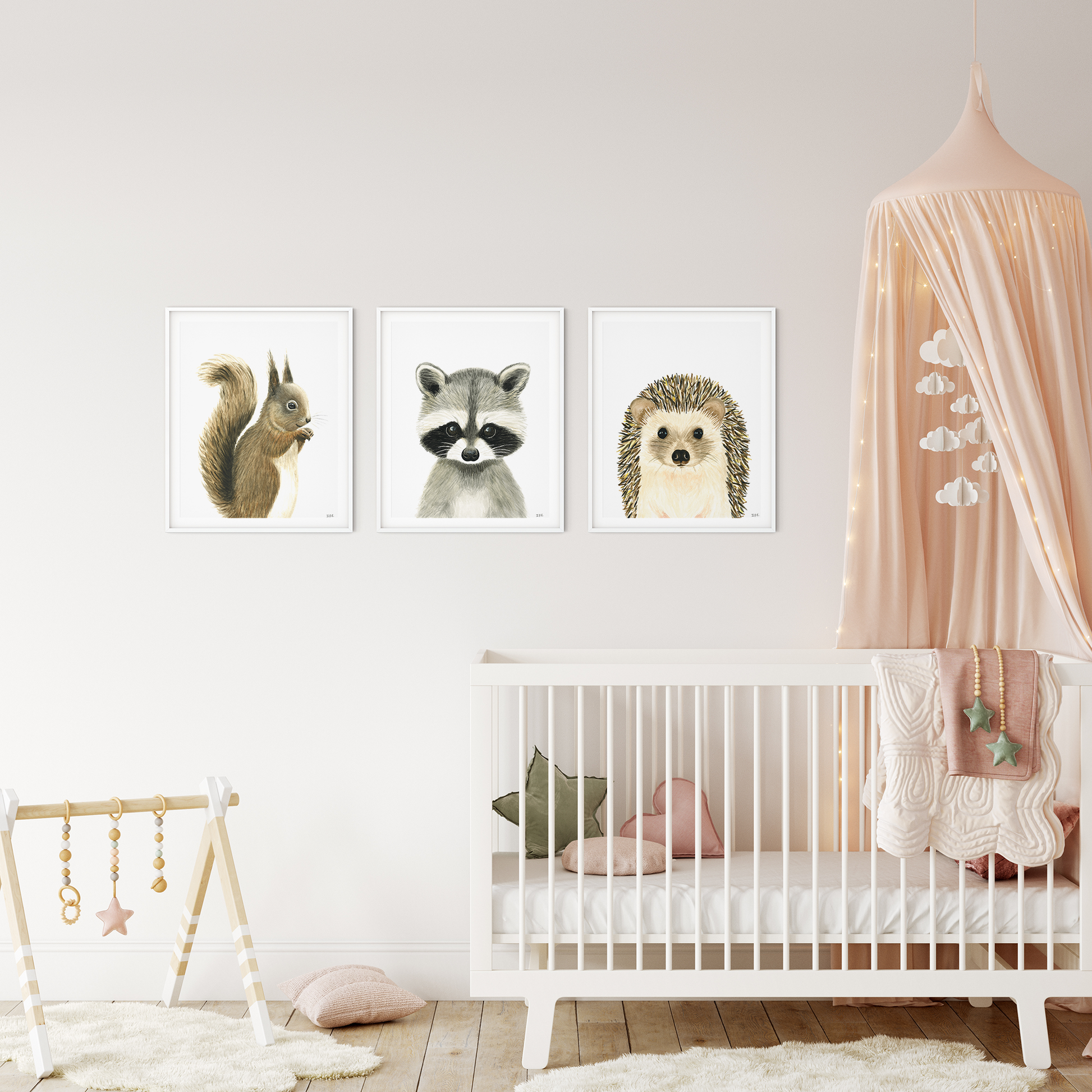 Set of 3 woodland animal prints in a babyroom with nursery decoration: squirrel, racoon and hedgehog