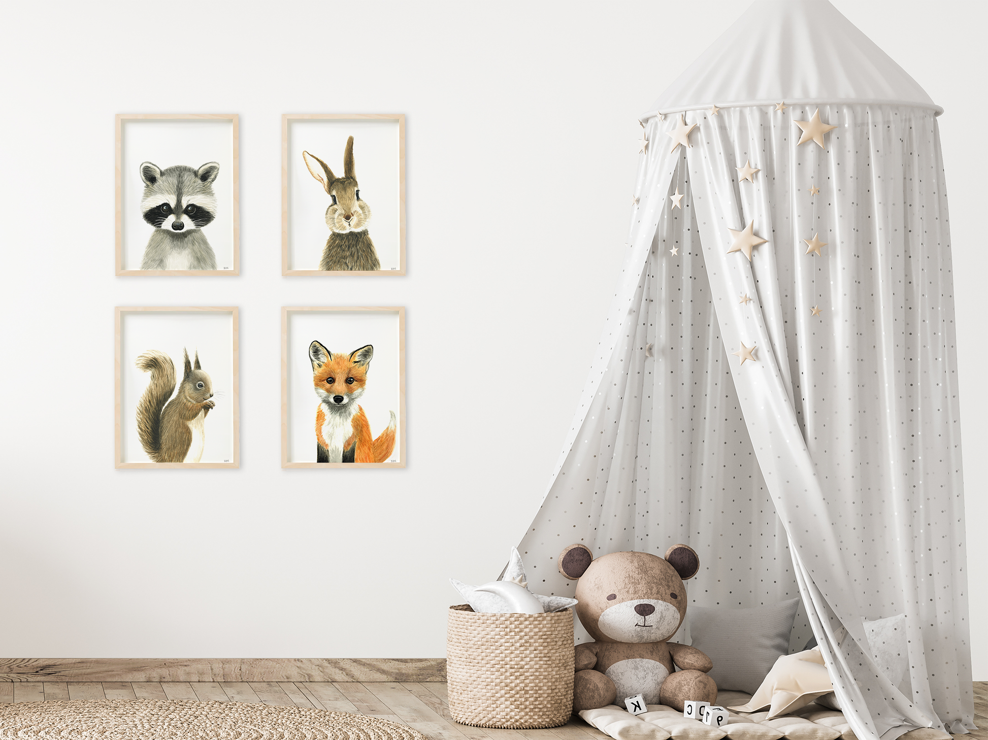 Set of 4 animal nursery prints in a kids' bedroom: racoon, rabbit, squirrel, fox
