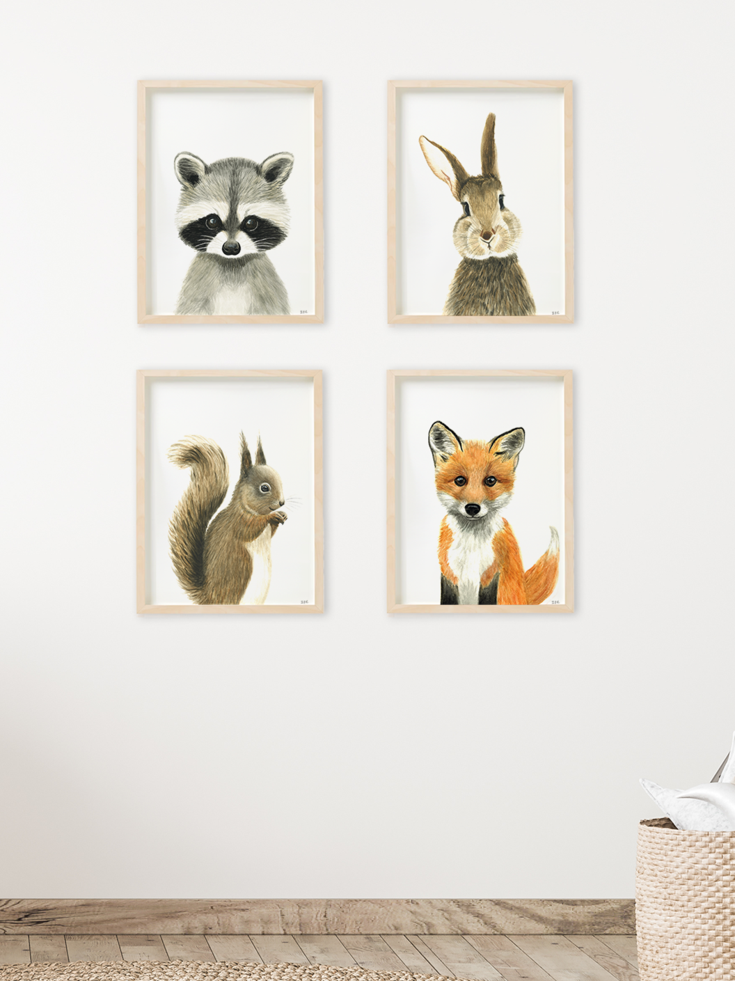 Set of 4 animal prints framed in wooden frames