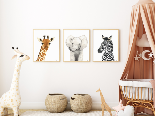 Set of 3 safari animal prints, framed and hung in a nursery: giraffe, elephant and zebra