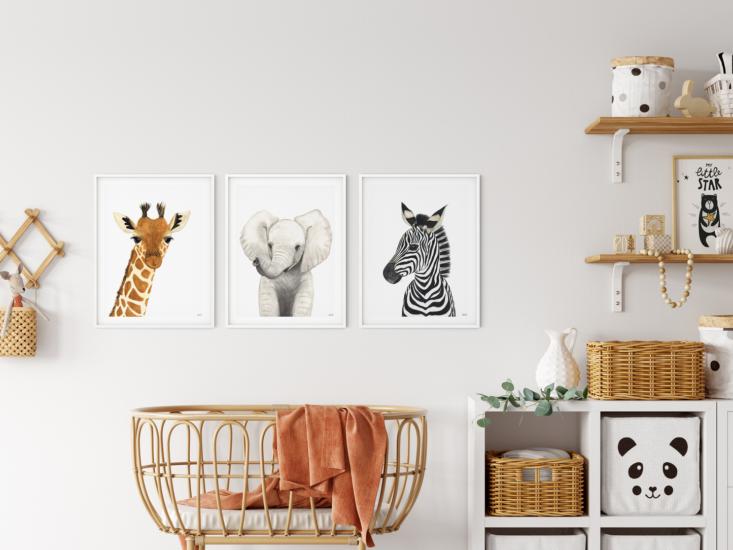 Set of three safari animals in a nursery: giraffe, elephant, zebra