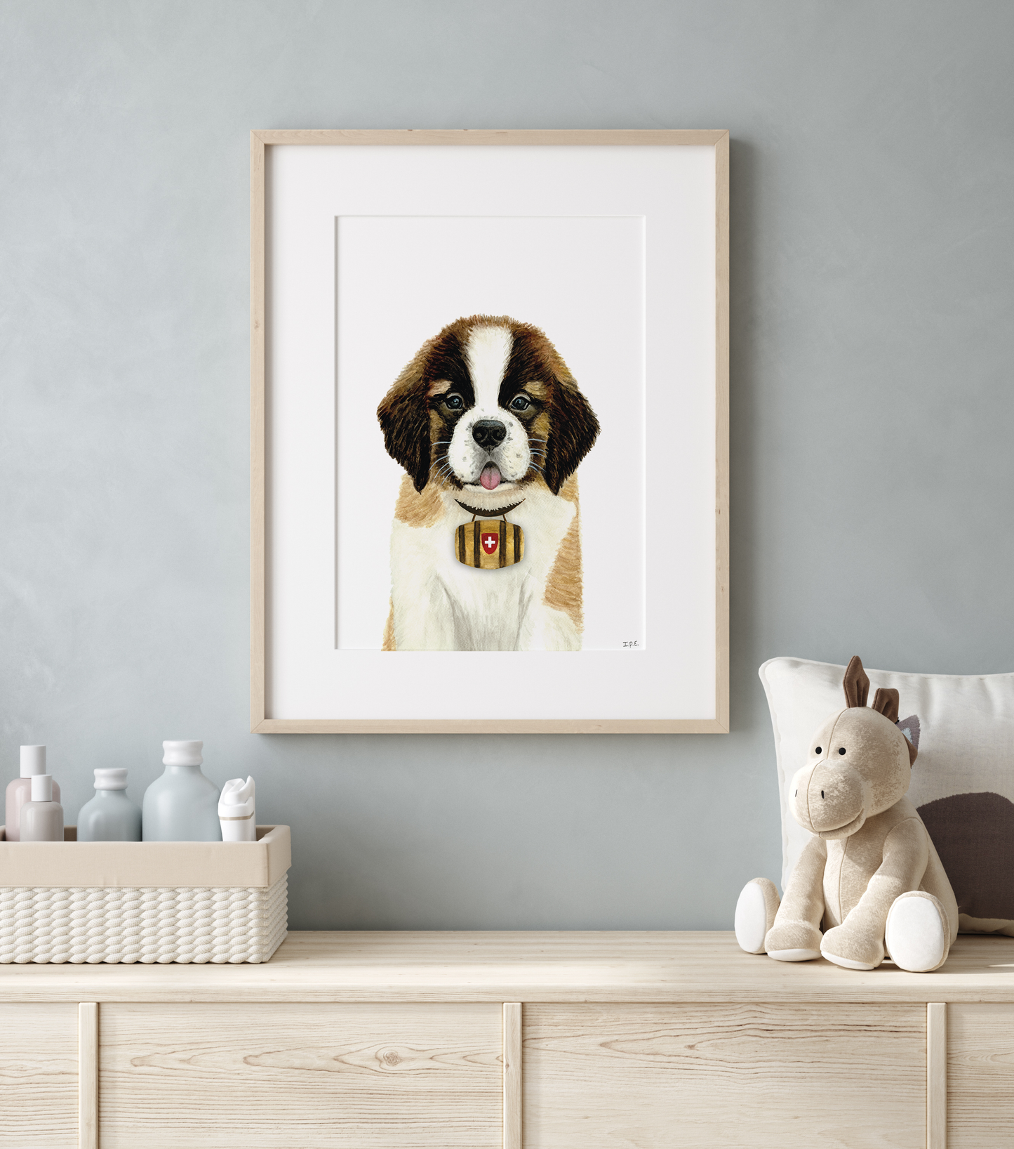 St. Bernard dog framed in nursery as wall art decor