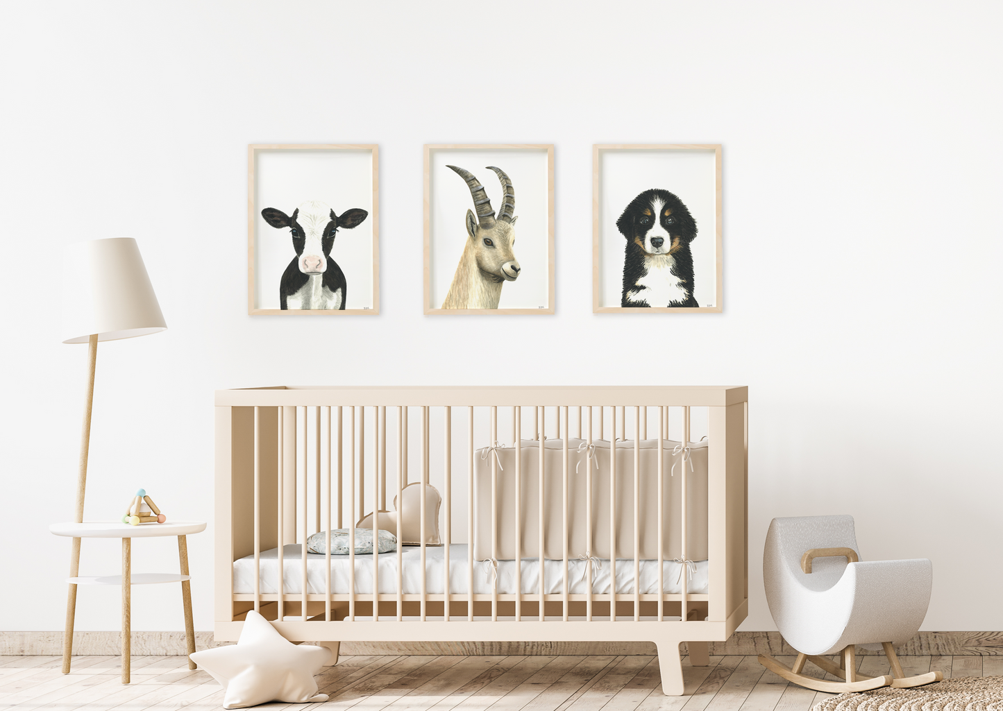 Set of 3 animal prints in nursery: cow, ibex, and Bernese Mountain dog