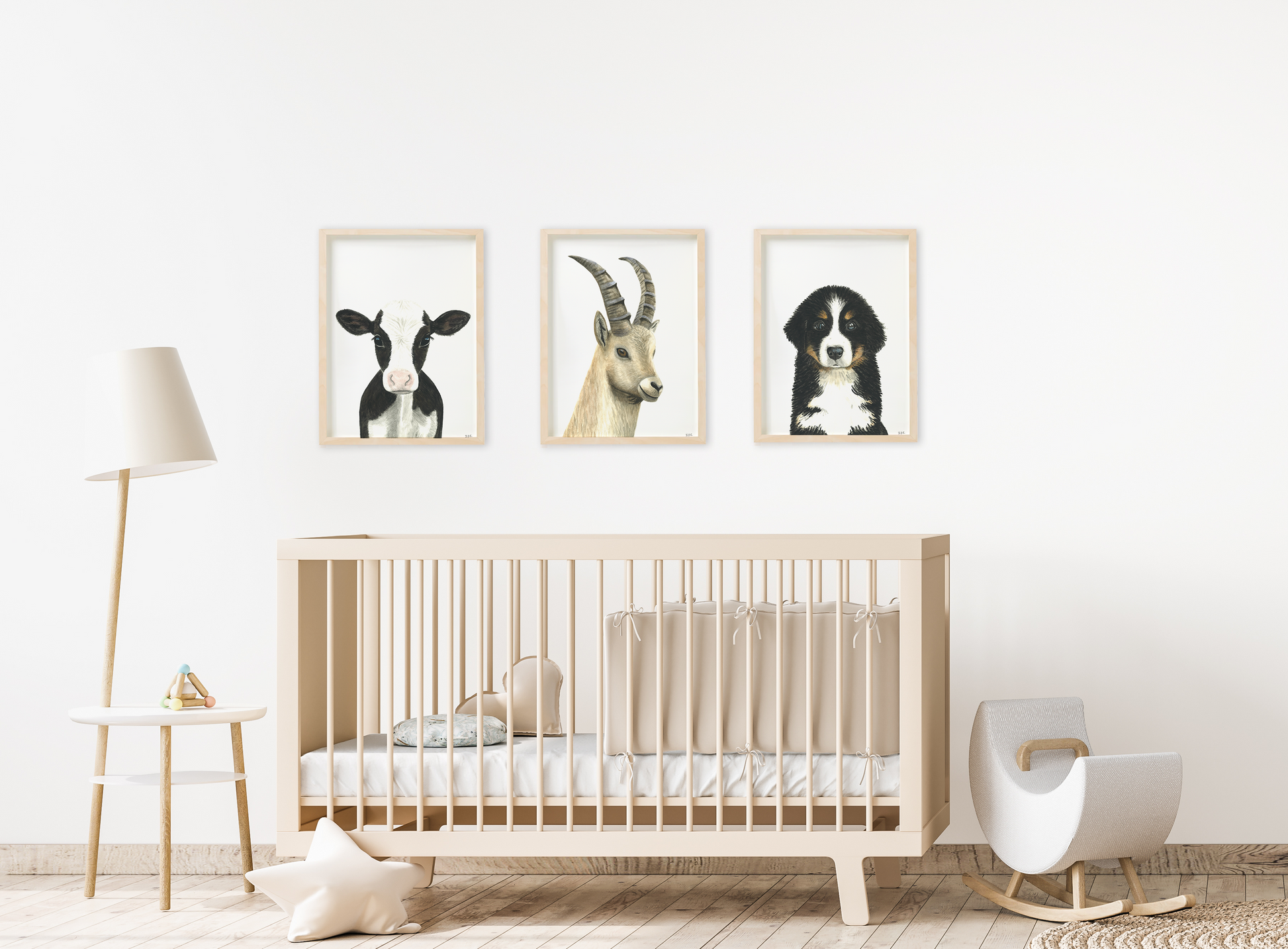 Set of 3 animal prints in nursery: cow/kalf, ibex, bernese mountain dog