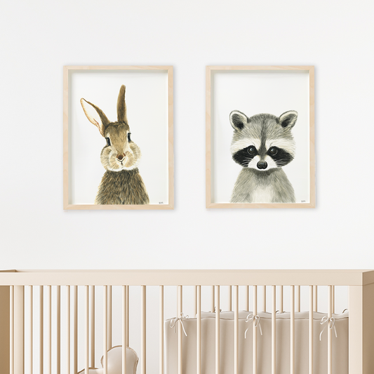 Set of 2 nursery wall art prints: rabbit and racoon