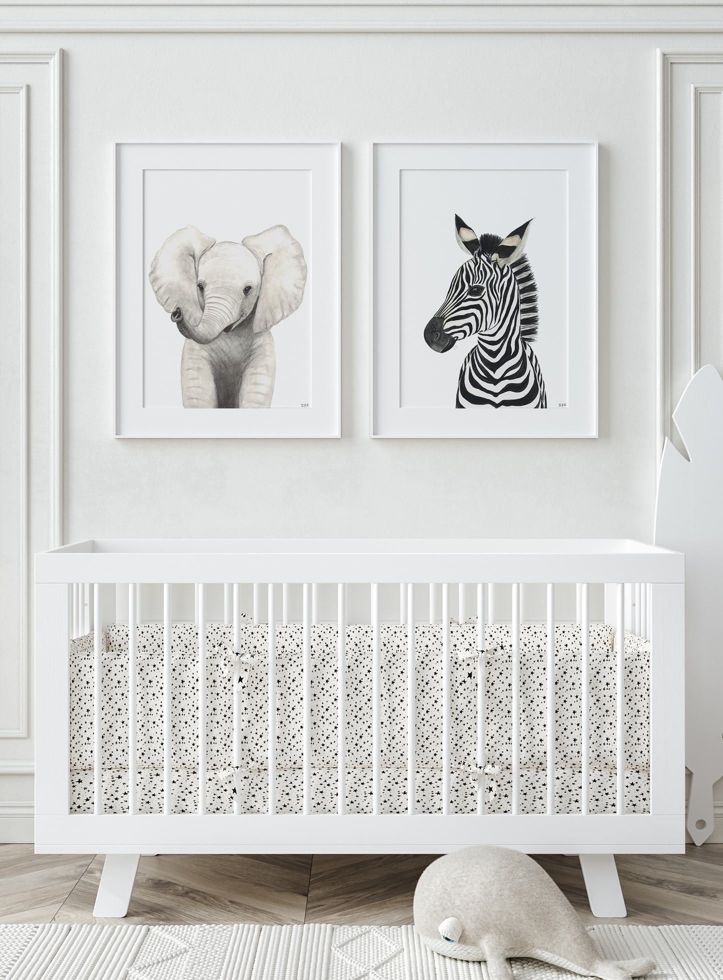 Set of 2 nursery prints above baby crib: safari elephant and zebra