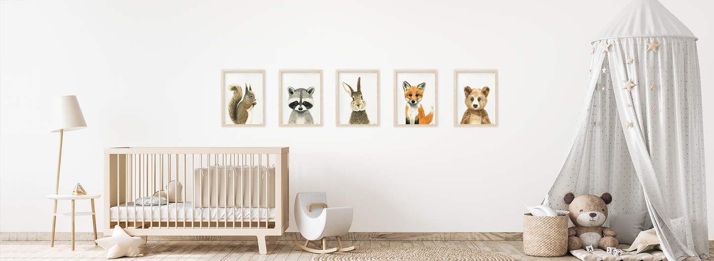 Babyroom / nursery with wall art prints, set of 5 woodland animals: Squirrel, racoon, rabbit, fox and bear