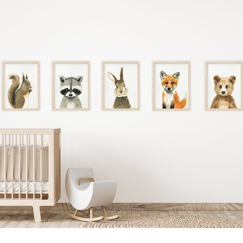 Set of 5 woodland nursery animal prints : squirrel, racoon, bunny rabbit, fox and bear