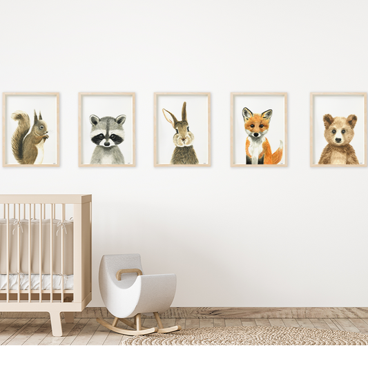Set of 5 woodland nursery animal prints : squirrel, racoon, bunny rabbit, fox and bear