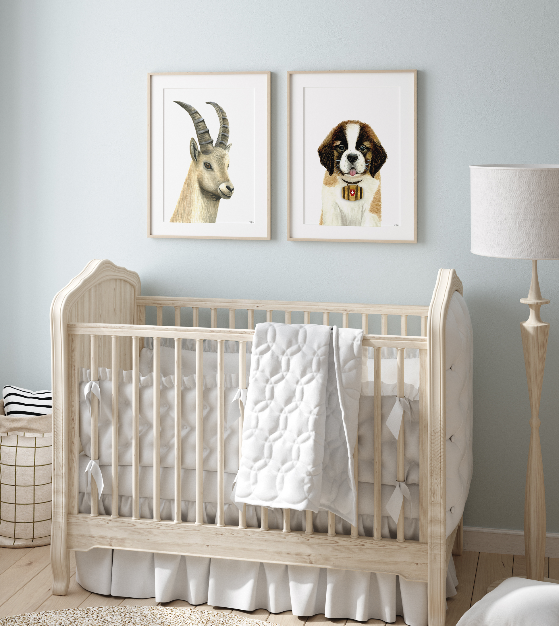 Set of 2 Swiss nursery animal print above baby crib: ibex and St. Bernard