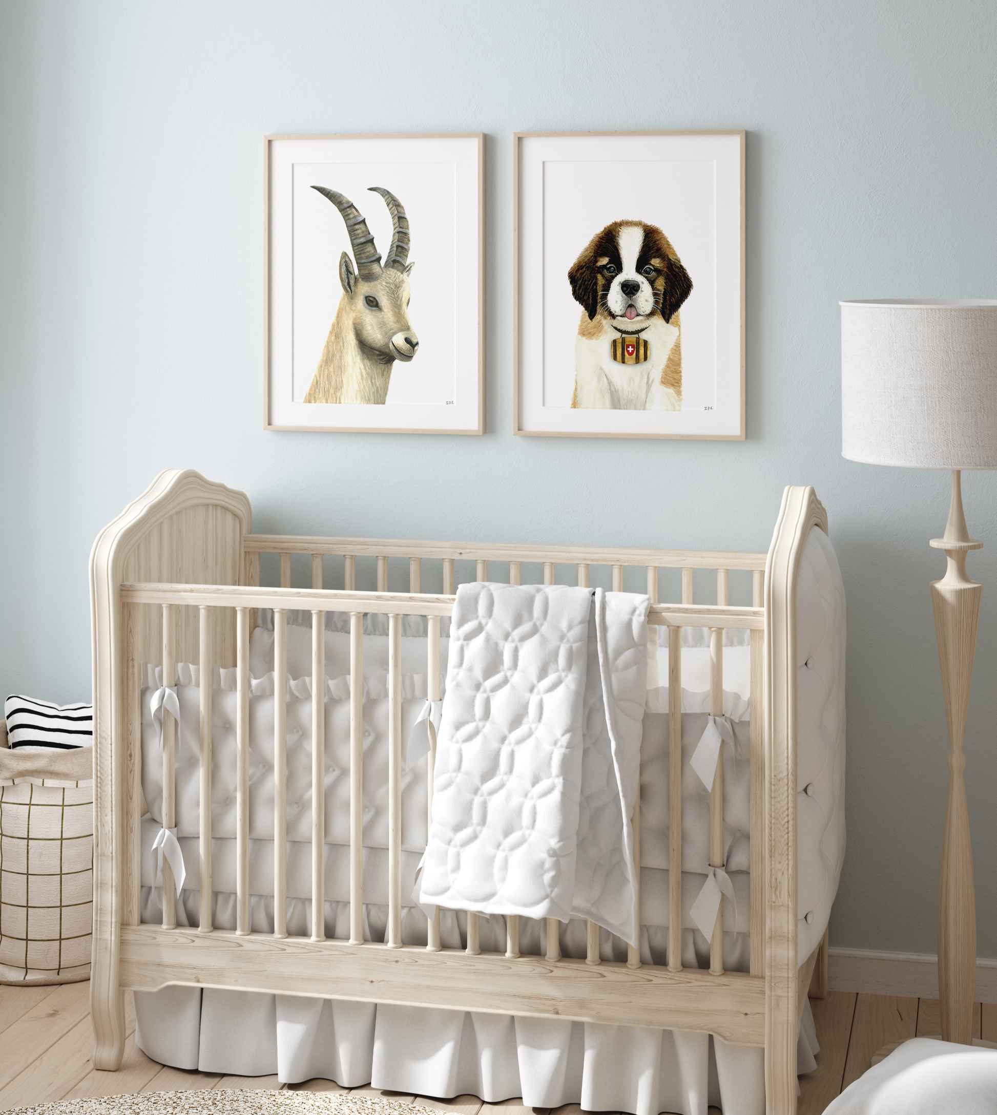 Set of 2 nursery decor animal prints above baby crib: ibex and saint bernard