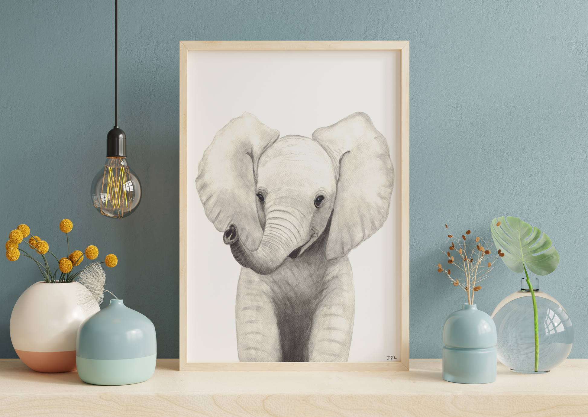 Elephant print in wooden frame with decoration