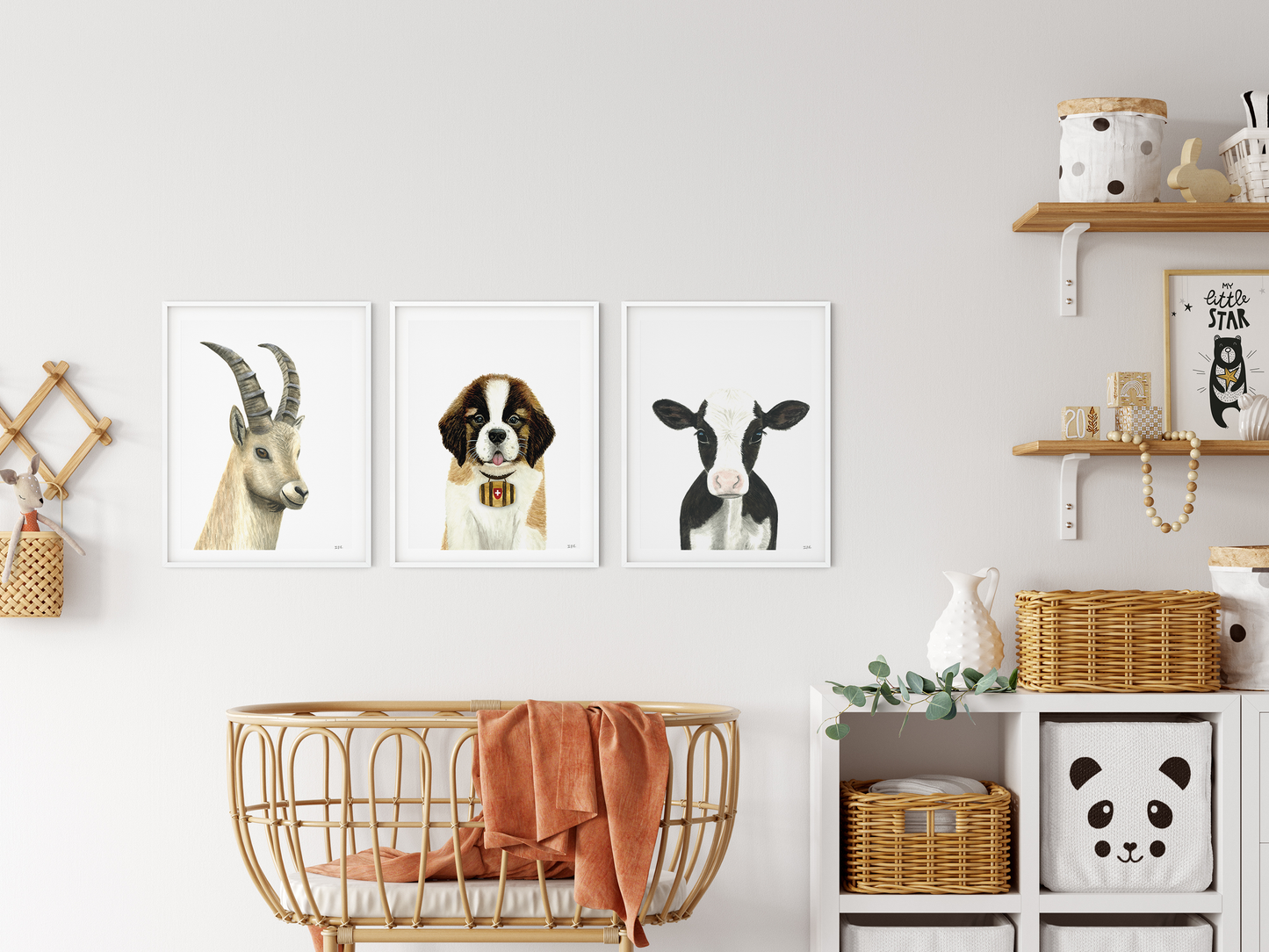 Set of 3 nursery animals in babyroom: ibex, St Bernard (with barrel) and cow