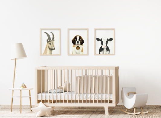Set of 3 Swiss animal prints in a nursery: ibex, Saint Bernard, cow