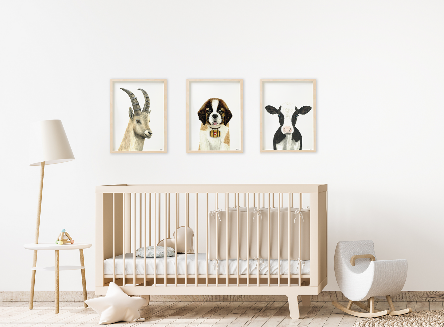 Set of 3 Swiss animal prints in a nursery: ibex, Saint Bernard, cow