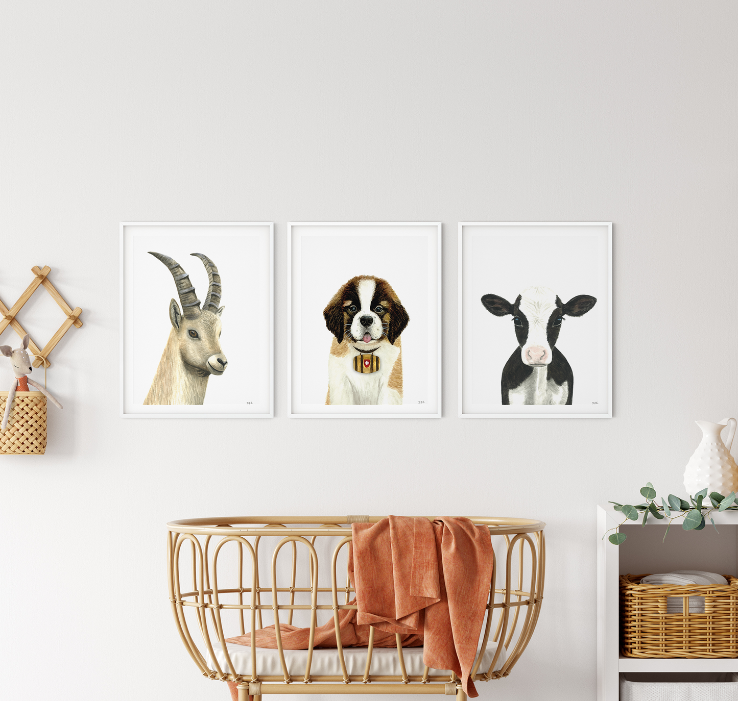 Set of 3 Swiss animal prints in a nursery as decor: ibex, Saint Bernard, kalf