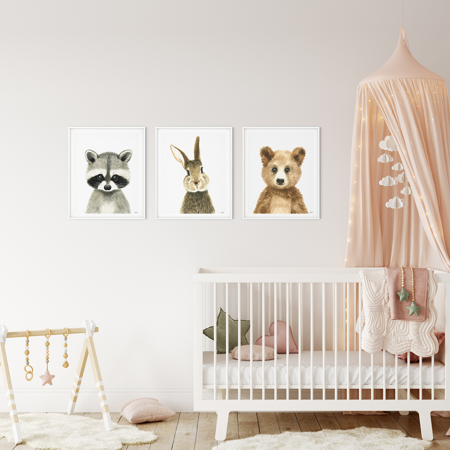 Set of 3 animal prints in nursery: racoon, rabbit and bear
