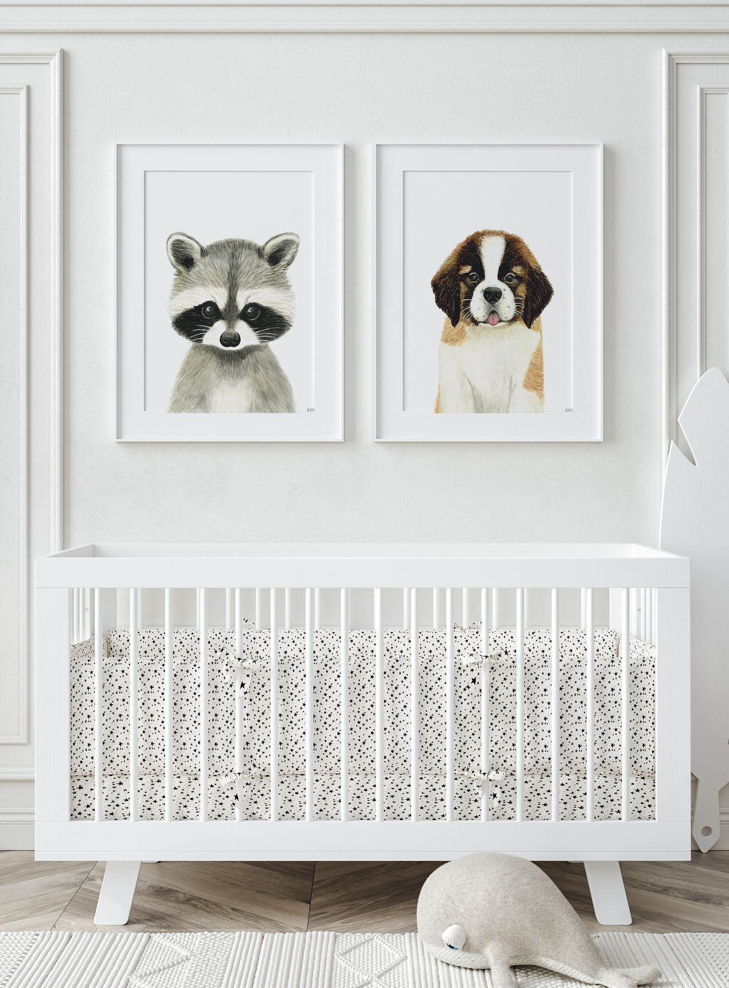 Set of 2 nursery animal print above baby crib: racoon and saint bernard dog