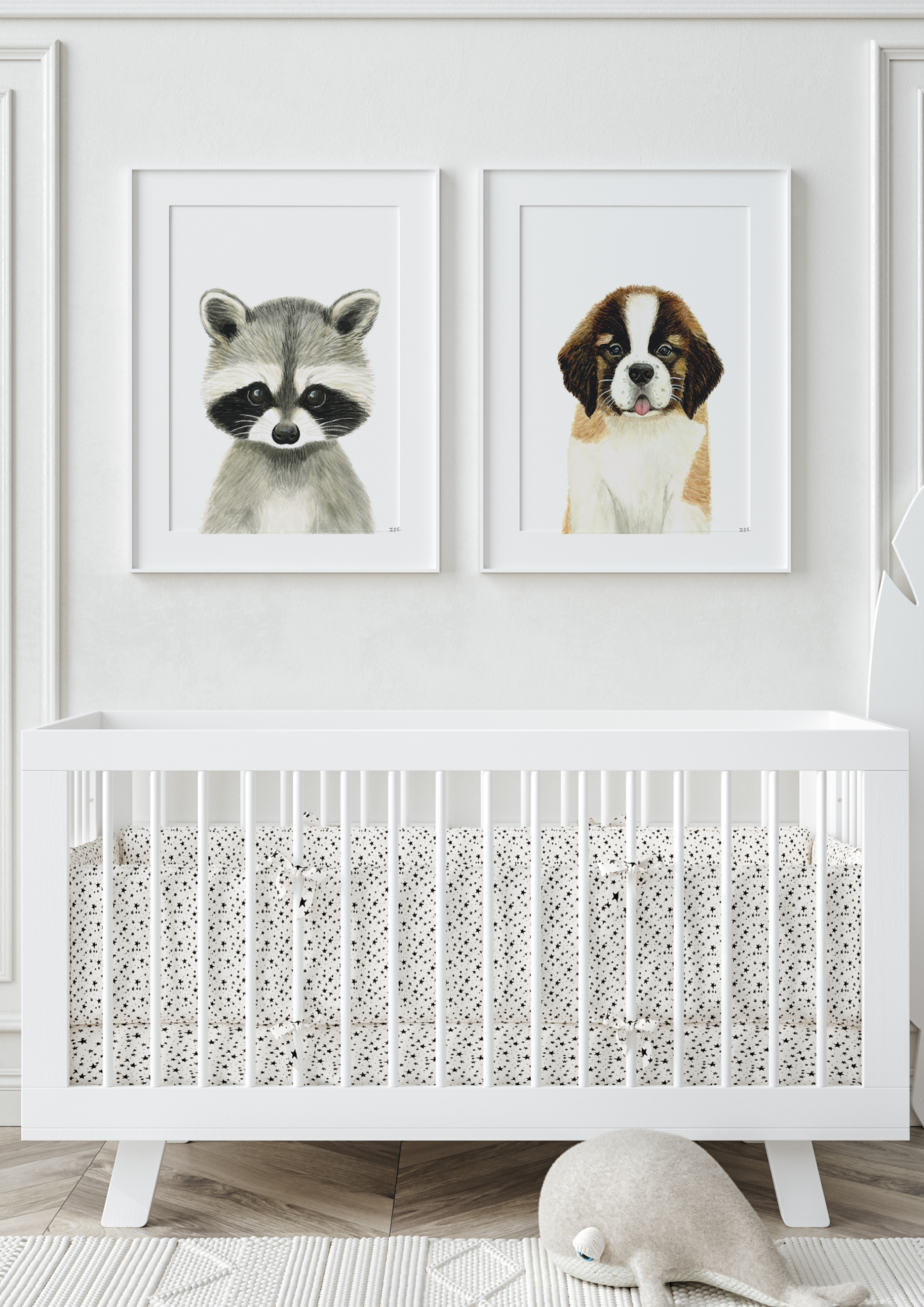 Set of 2 nursery wall art prints: racoon and St. Bernard dog