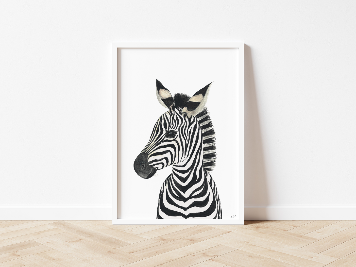 Framed zebra wall art print on wooden floor