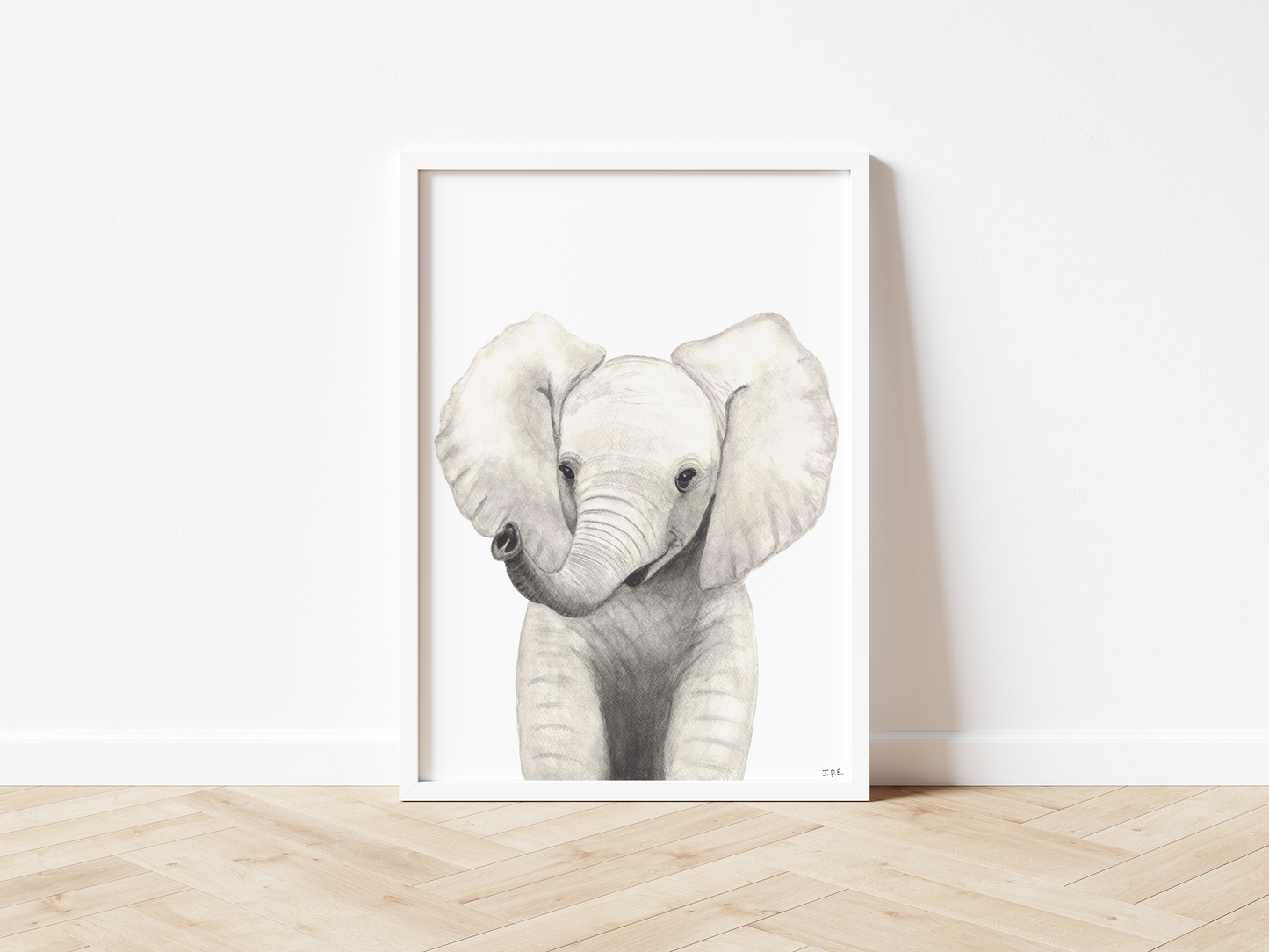 Framed elephant on wooden floor