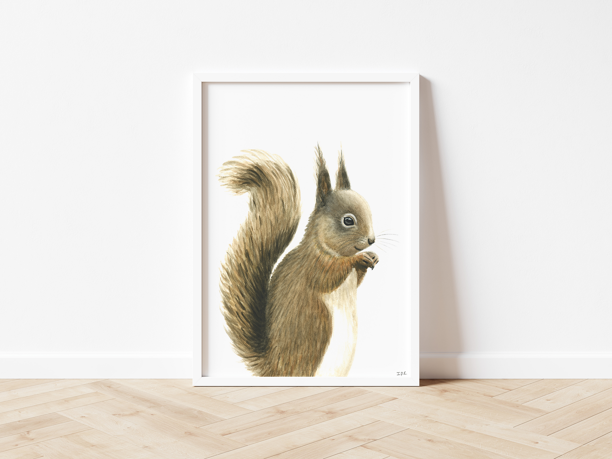 Framed squirrel nursery animal print on wooden floor