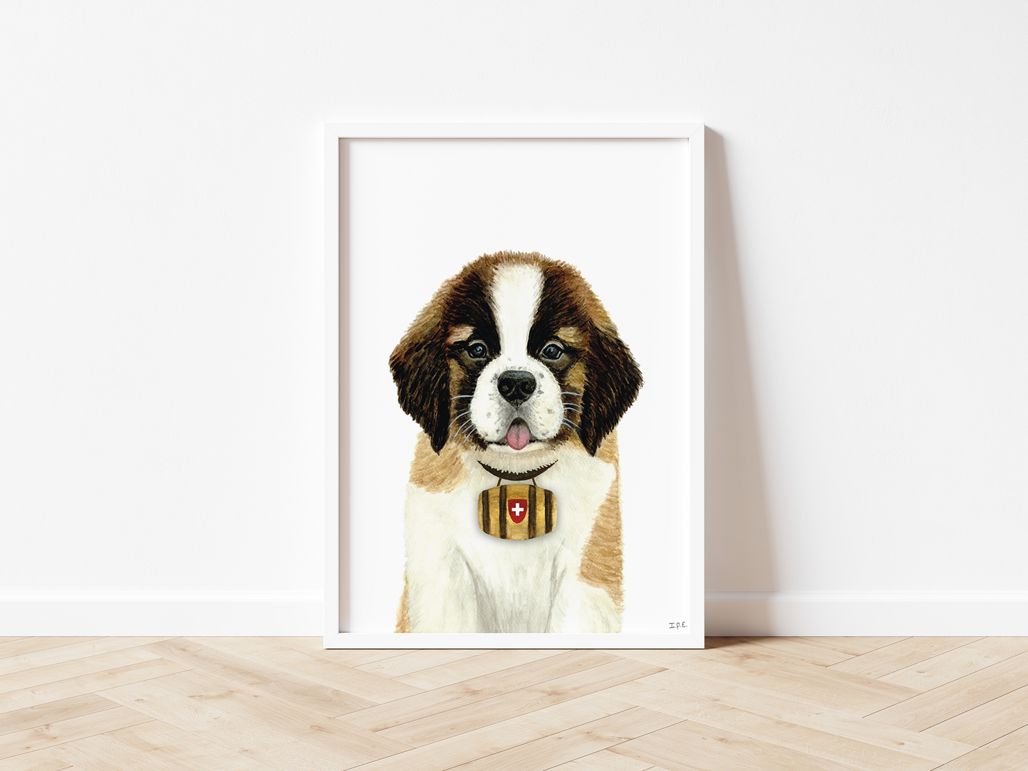 Framed St. Bernard dog print on wooden floor